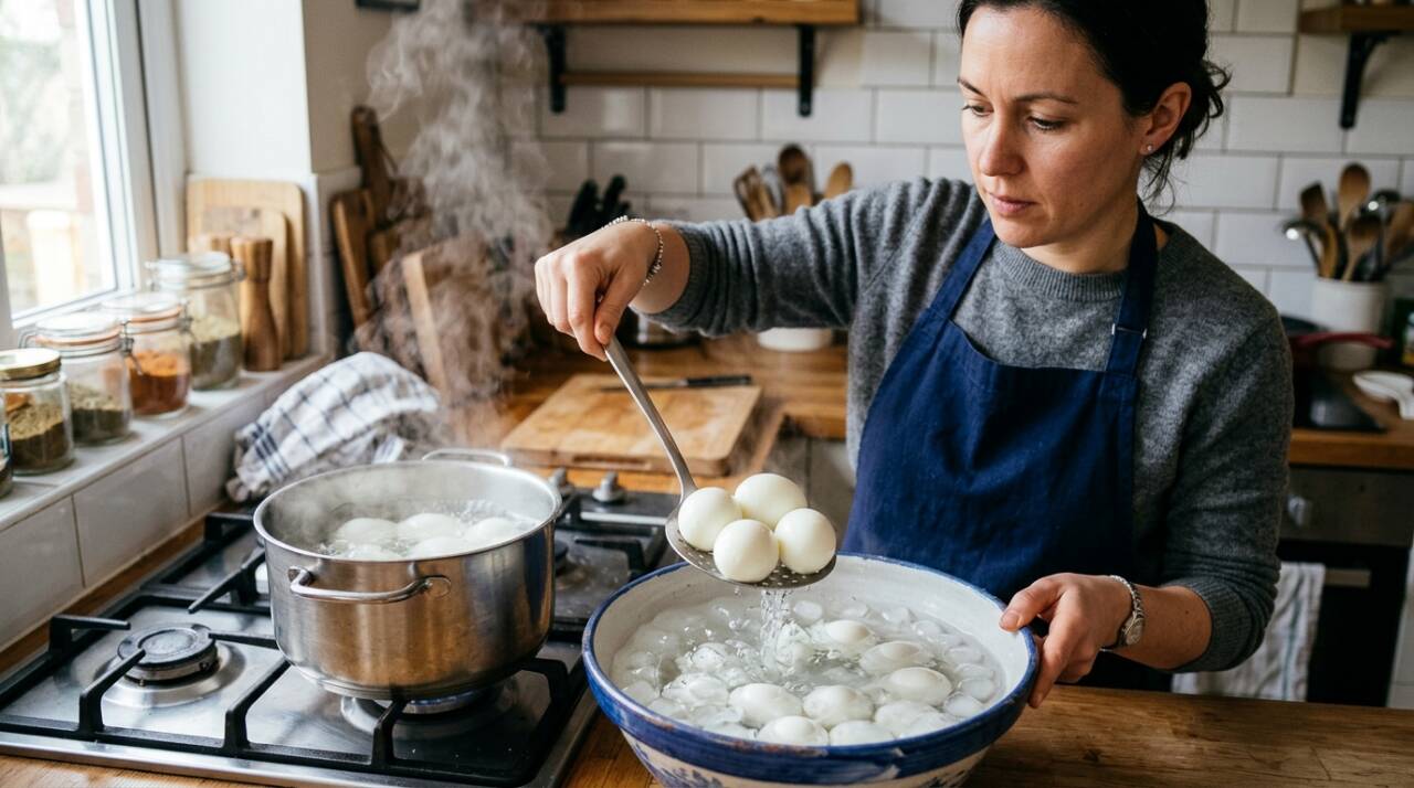 A receita recomenda colocar os ovos em uma panela, cobrir com água e acrescentar aproximadamente 1 colher de sopa de sal para cada litro.