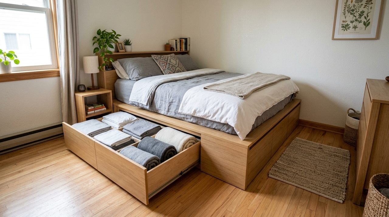 Uma cama com armazenamento integrado aproveita uma área que normalmente ficaria inutilizada.