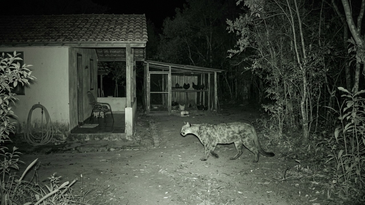 As imagens revelaram um grande felino atravessando silenciosamente a propriedade.