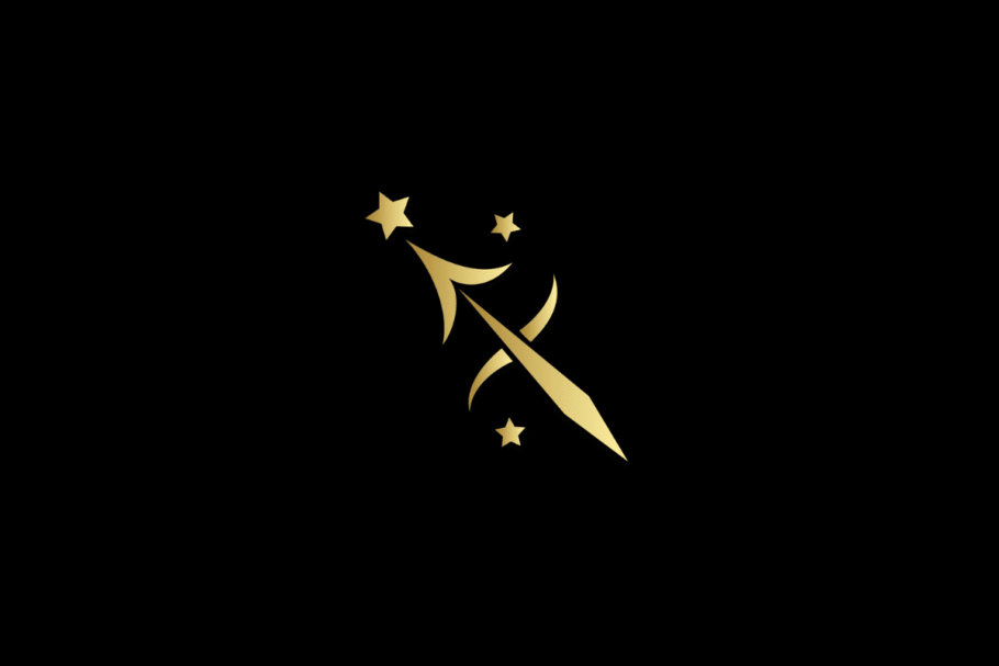 Ilustração minimalista do signo de sagitário em dourado, centralizado sobre um fundo preto. O símbolo é acompanhado por três estrelas douradas de diferentes tamanhos