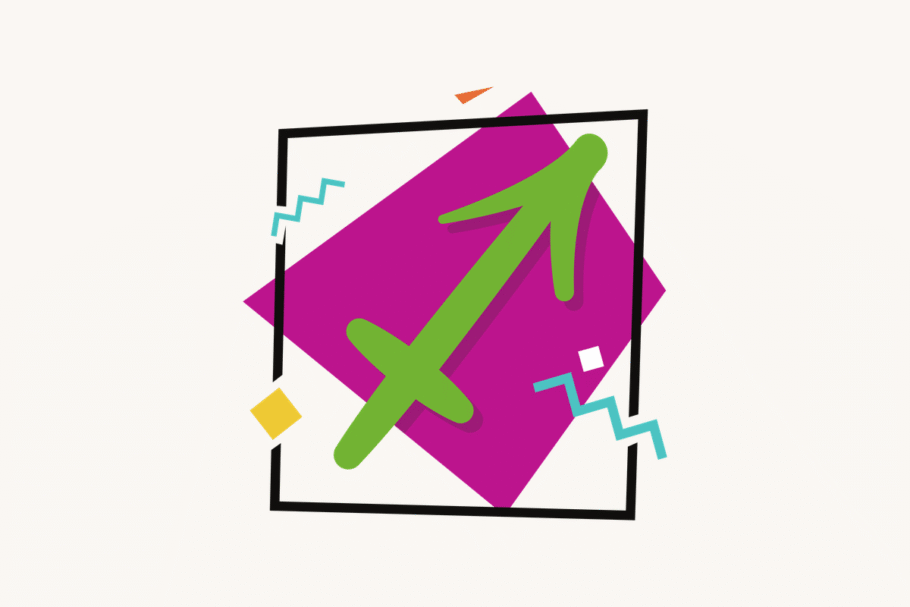 Ilustração do signo de Sagitário, contendo o símbolo de uma flecha na diagonal cruzada por um pequeno traço, lembrando um arco e flecha, em verde, centralizado sobre um quadrado magenta emoldurado em preto, com pequenos losangos e zigue-zagues coloridos ao redor, em fundo claro.