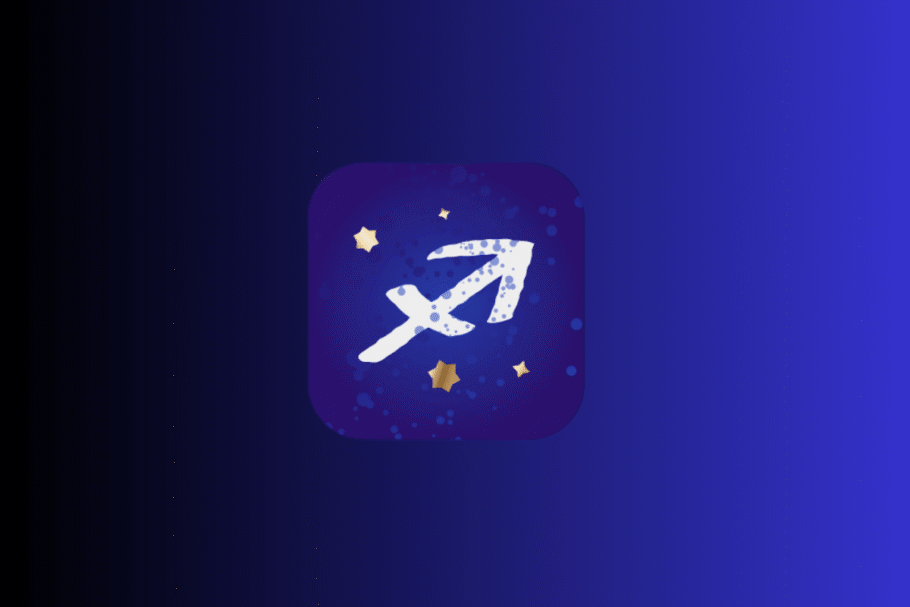 Ilustração com fundo azul e roxo exibindo um ícone central do signo de Sagitário em tom branco, representado por uma seta diagonal com um traço, cercado por pequenas estrelas douradas.