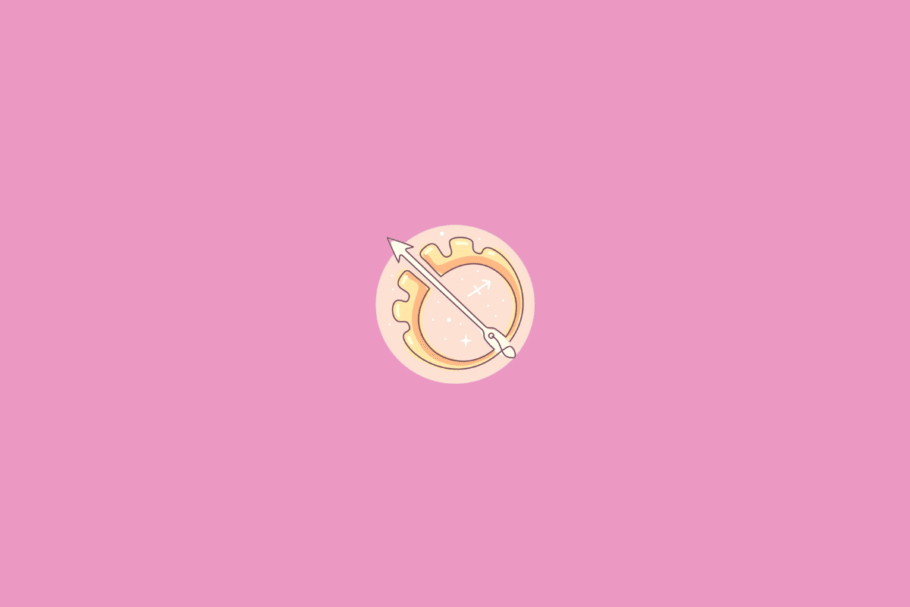 Ilustração minimalista do signo de Sagitário, representado pelo símbolo de uma flecha apontada para o alto, em tom creme. A figura aparece sobre um círculo em degradê de vermelho e rosa, com pequenos pontos decorativos e fundo amarelo-claro.