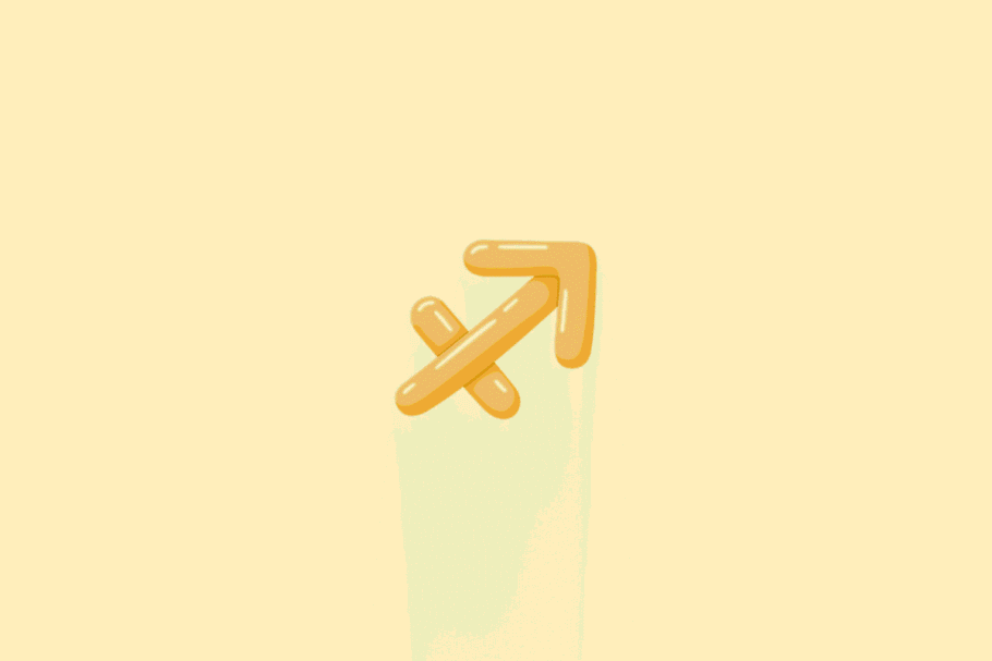 Ilustração do símbolo do signo de Sagitário, representado por uma seta inclinada apontando para cima e para a direita, em tom amarelo-dourado, sobre um fundo amarelo-claro.