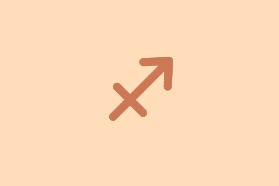 Símbolo minimalista do signo de Sagitário em tom terracota sobre fundo laranja