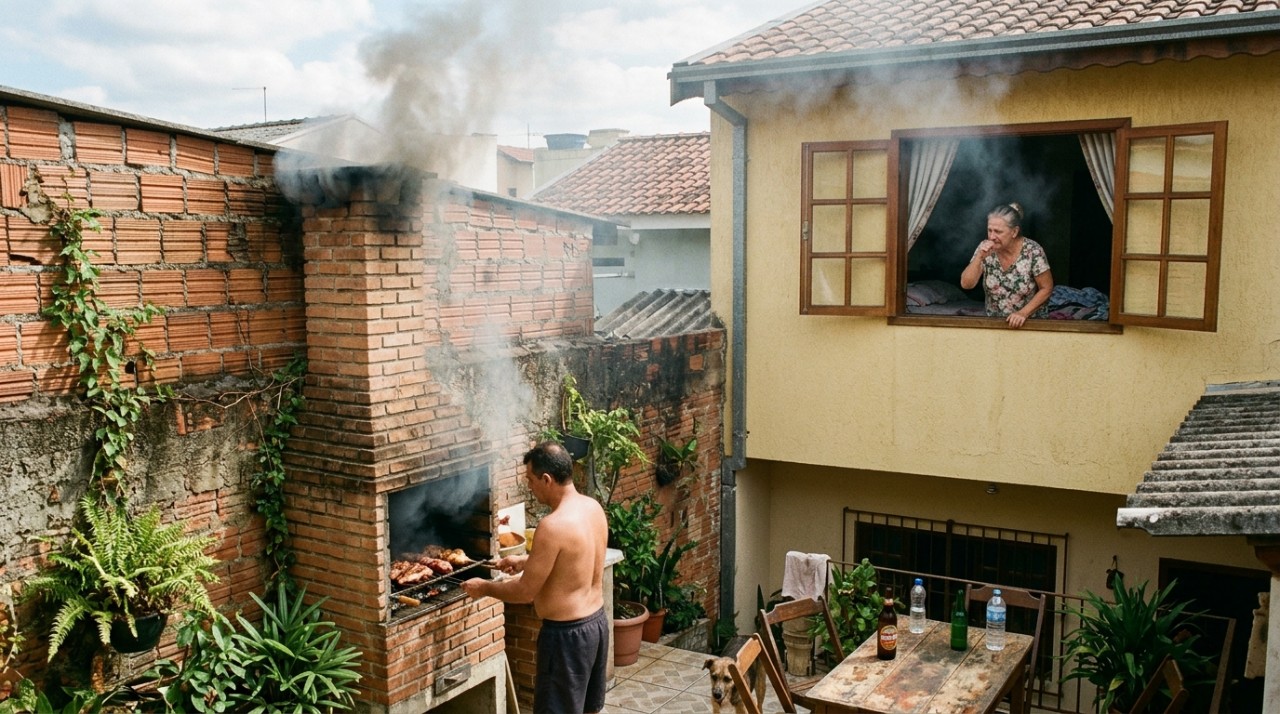 Não existe uma regra única nacional que proíba qualquer churrasqueira junto à divisa.
