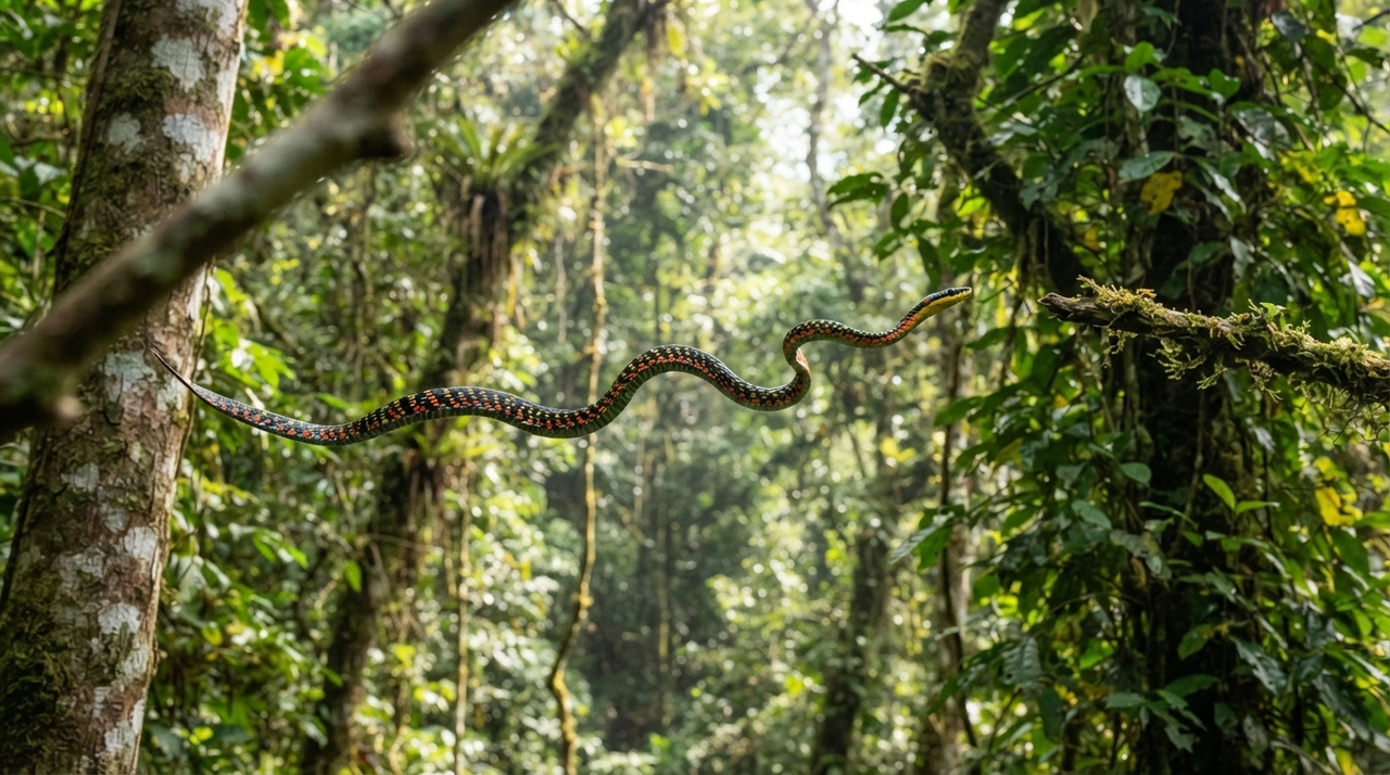 Antes do salto, a cobra se projeta do galho e modifica a forma do corpo.