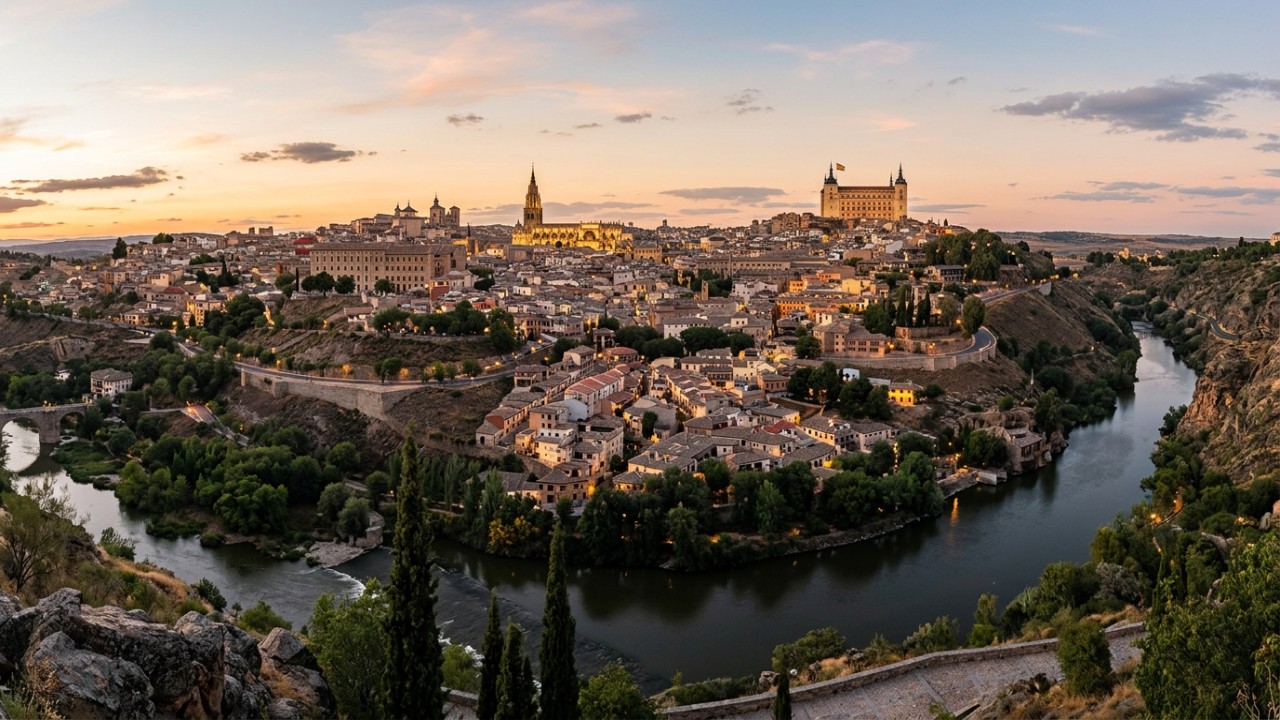 O rio Tejo e as pontes históricas protegem a colina rochosa onde Toledo exibe sua arquitetura singular.