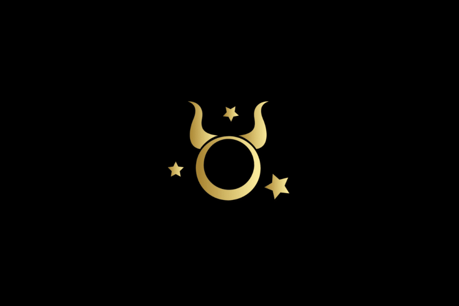 Ilustração minimalista do signo de touro em dourado, centralizado sobre um fundo preto. O símbolo é acompanhado por três estrelas douradas de diferentes tamanhos