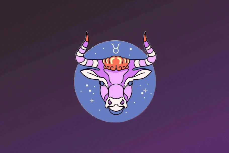 Ilustração do signo de Touro. Apresenta a cabeça de um touro branco com detalhes em azul e olhos pretos. Ele possui chifres curtos e pontiagudos voltados para cima, decorados com listras vermelhas e amarelas. O símbolo de Touro está posicionado em branco acima da cabeça, entre os chifres.