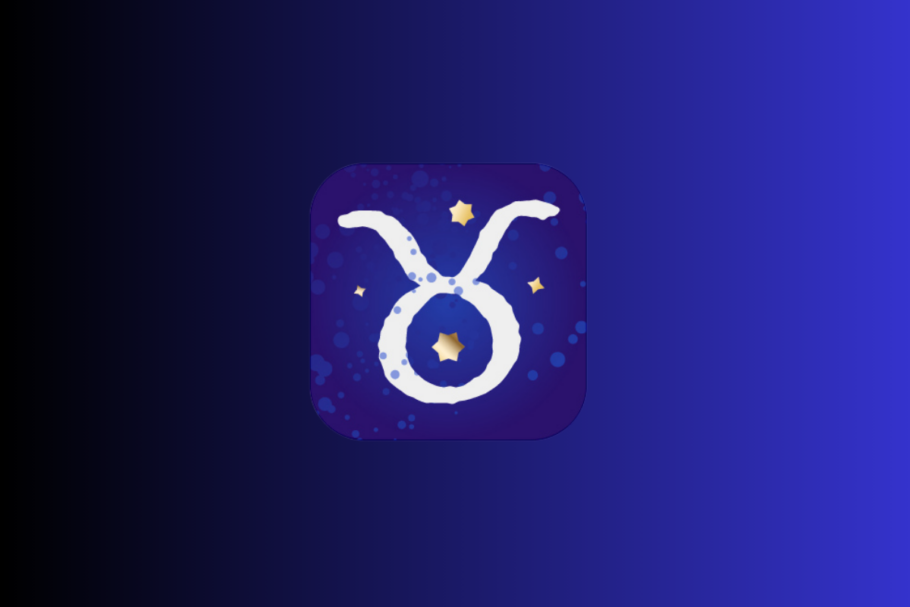 Ilustração com fundo azul e roxo exibindo um ícone central do signo de Touro em tom branco, representado por um círculo com chifres, cercado por pequenas estrelas douradas.