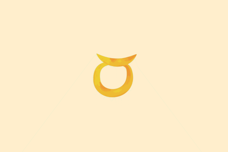 Símbolo de Touro formado por um círculo com uma curva semelhante a chifres na parte superior, em amarelo e laranja. Fundo amarelo-claro.