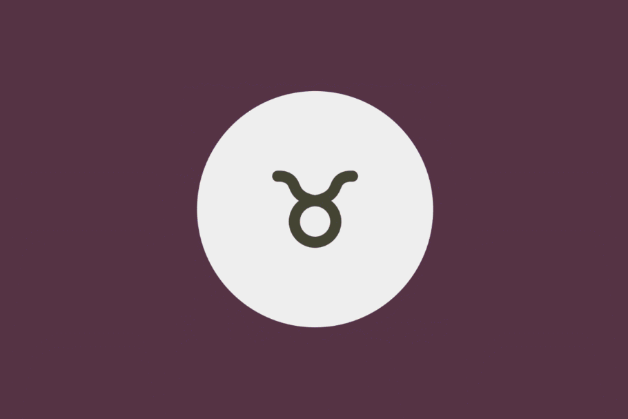 Ilustração minimalista do símbolo do signo de Touro em tom cinza-escuro, centralizado dentro de um círculo branco sobre fundo roxo-fechado