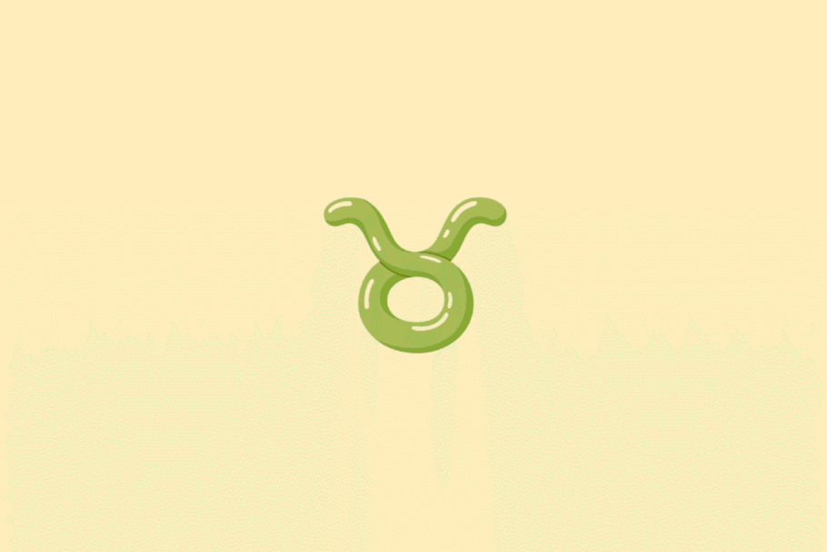 Ilustração do símbolo do signo de Touro, formado por um círculo com duas curvas na parte superior que lembram chifres, em tom verde-oliva, sobre um fundo amarelo-claro.