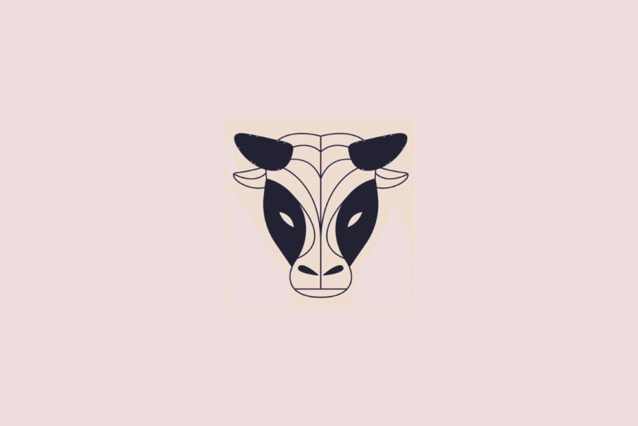 Ilustração estilizada e minimalista da cabeça de um touro, simbolizando o signo de touro, em tom azul-escuro sobre um fundo rosa-claro