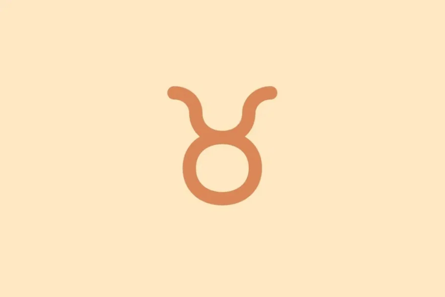 Símbolo minimalista do signo de Touro em tom terracota sobre fundo laranja