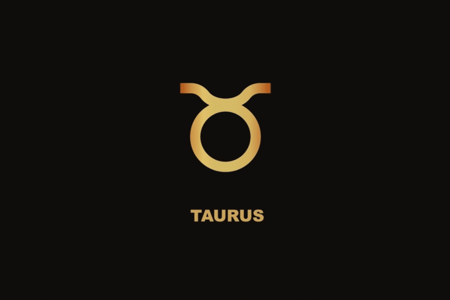 Símbolo dourado do signo de Touro sobre fundo preto, com o nome "TAURUS" escrito abaixo.