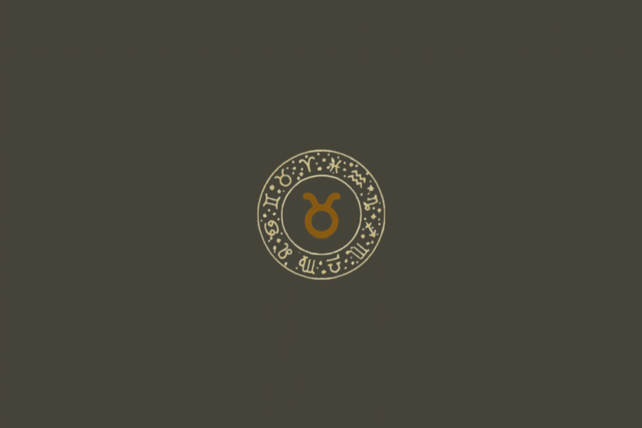 Fundo liso em cinza-escuro/oliva. No centro aparece um círculo zodiacal com contorno duplo em dourado-claro, rodeado pelos símbolos dos 12 signos e pequenos elementos decorativos. No interior está o símbolo de Touro, formado por um círculo com dois chifres curvados para cima, em dourado-ocre.