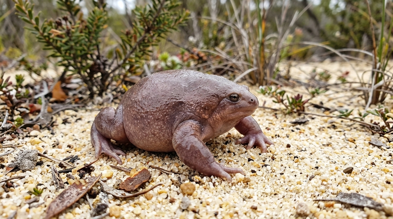O sapo-tartaruga, Myobatrachus gouldii, mede cerca de cinco centímetros e tem corpo largo, pele lisa e membros curtos.