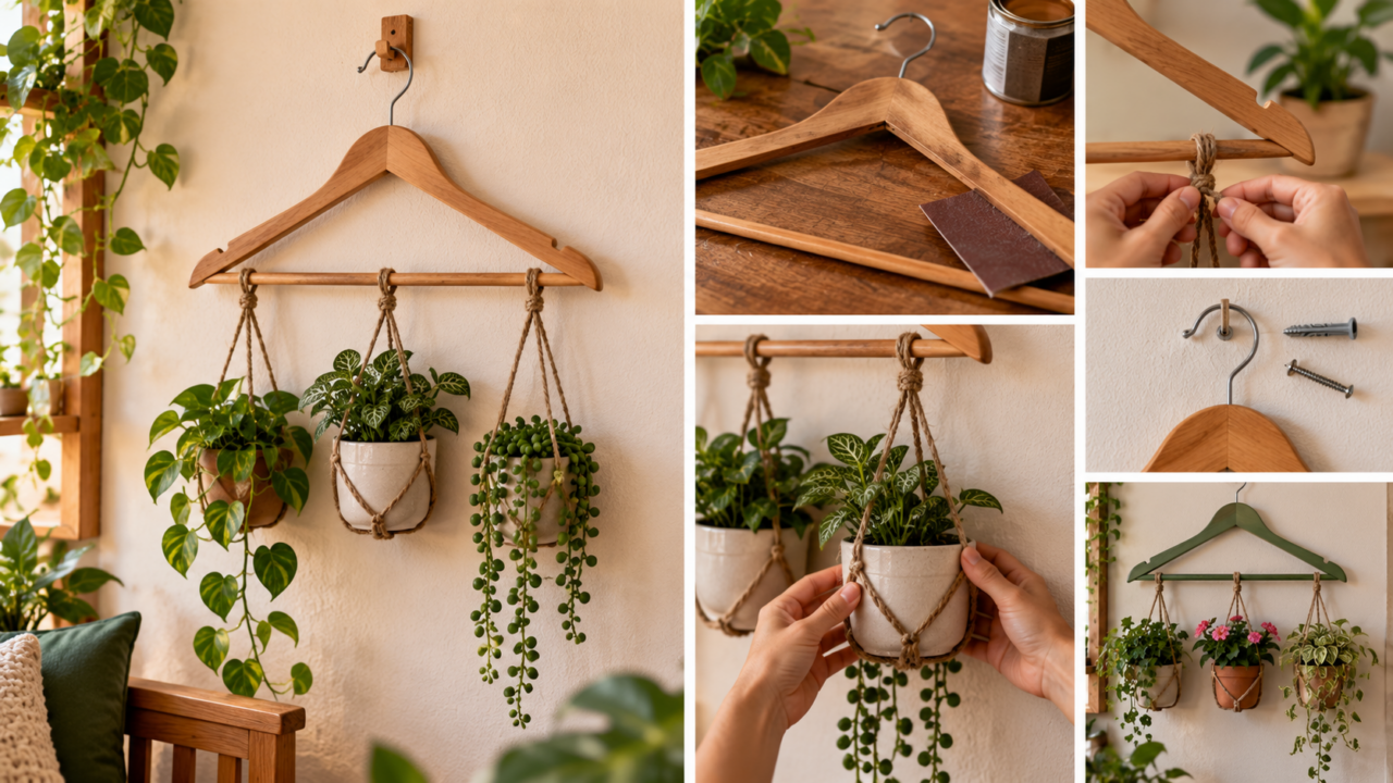 Um simples cabide de madeira pode ganhar nova função na decoração. Veja como usá-lo para criar um suporte vertical para plantas em espaços compactos.