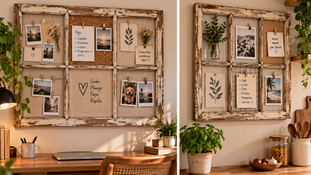 Moldura de janela sem uso? Reaproveite a estrutura para criar um quadro de avisos com fotos, recados e pequenos objetos, mantendo o visual vintage.