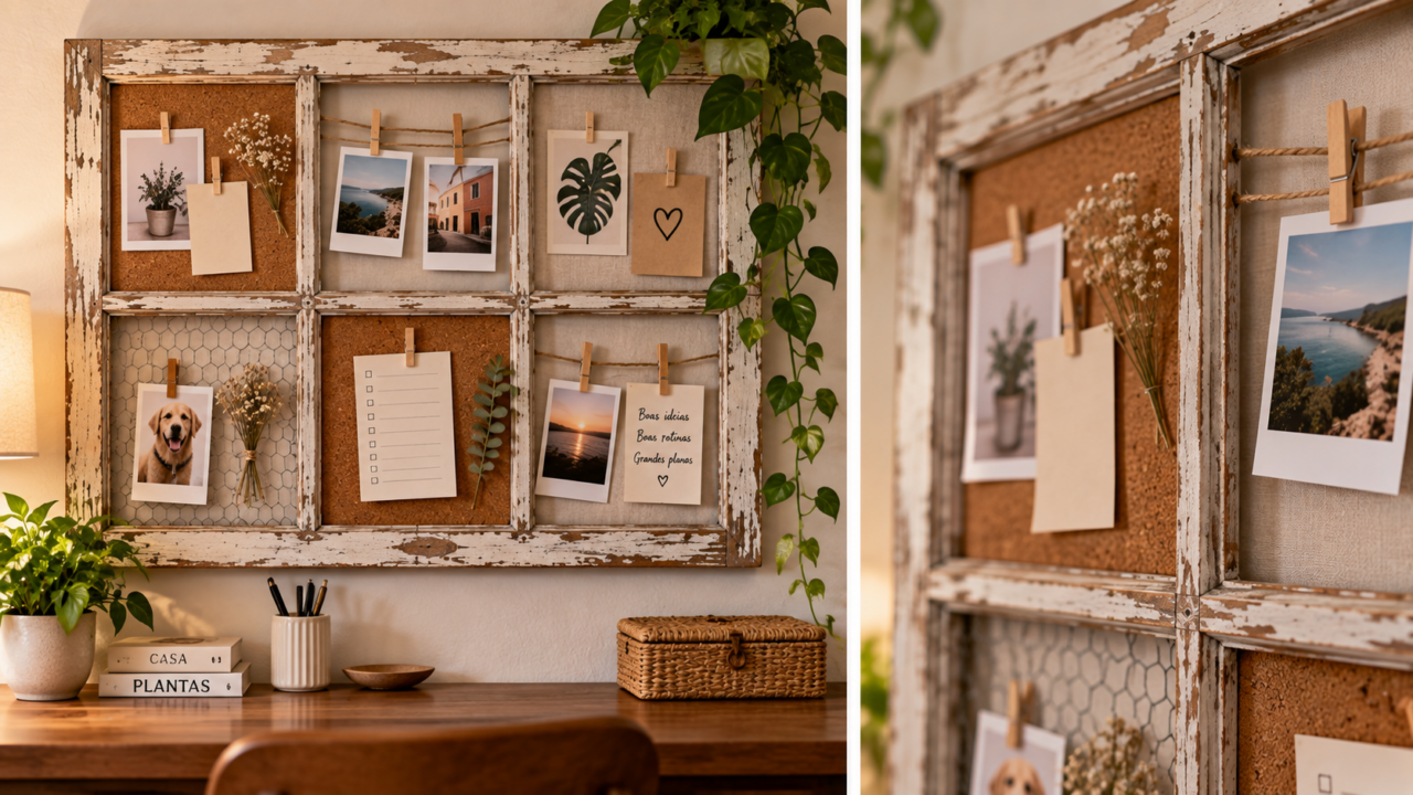 Como transformar uma moldura de janela em quadro de avisos? Aprenda a aproveitar as divisões da estrutura para organizar fotos, cartões, tarefas e recados.