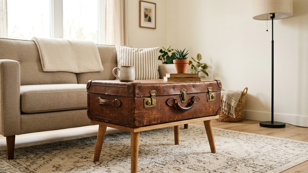 Mala antiga de couro renovada traz charme e história para a decoração da casa.