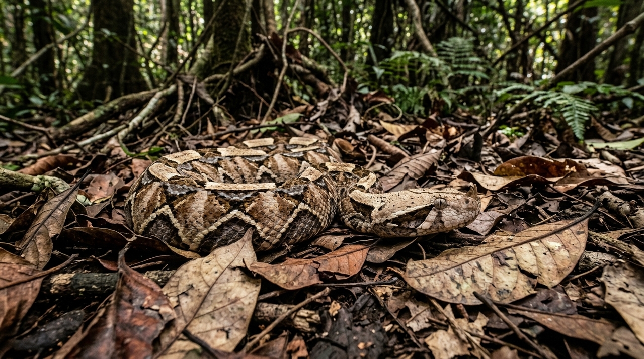 O desenho do corpo combina áreas claras, escuras e figuras geométricas que interrompem o contorno da serpente