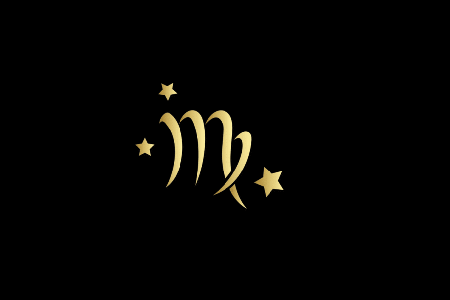 Ilustração minimalista do signo de virgem em dourado, centralizado sobre um fundo preto. O símbolo é acompanhado por três estrelas douradas de diferentes tamanhos