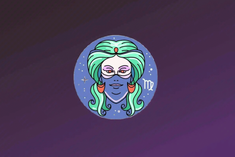 Ilustração do signo de Virgem. Representa o rosto de uma mulher com traços estilizados e pele clara. Ela tem cabelos volumosos e ondulados em tons de verde-água e usa uma máscara ou detalhe roxo que cobre a parte inferior do rosto. Ela veste brincos grandes em formato de meia-lua na cor coral. O símbolo de Virgem aparece em branco à direita do rosto.