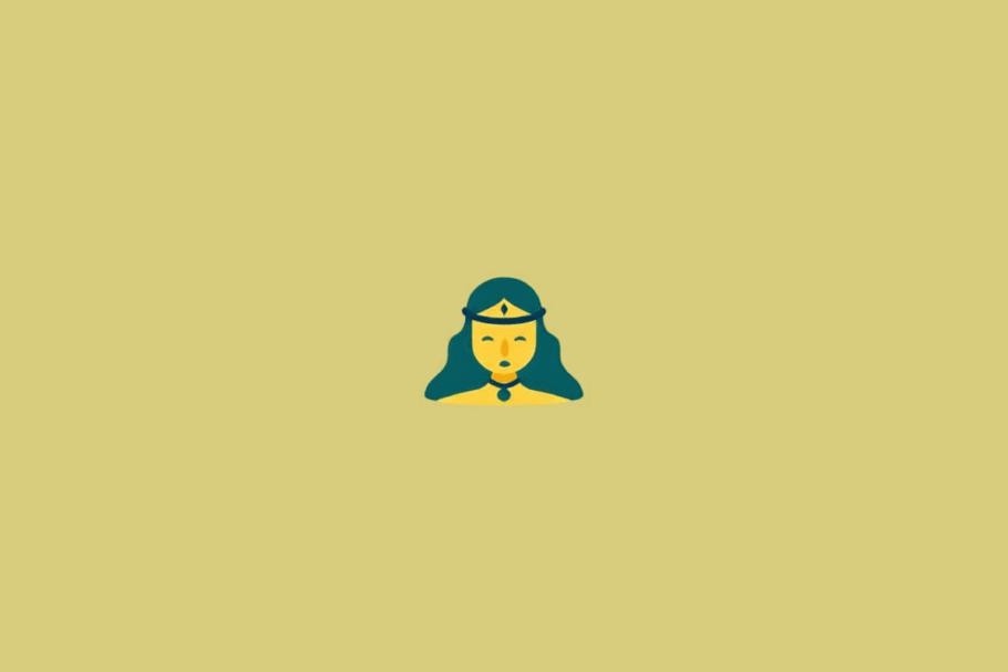 Figura feminina vista do busto para cima, com cabelos azuis, rosto amarelo e roupa azul e amarela. Ela usa uma faixa na cabeça com um pequeno detalhe amarelo. Em fundo verde-claro.