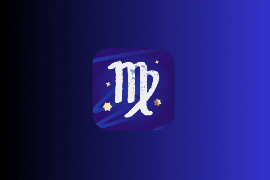 Ilustração com fundo azul e roxo exibindo um ícone central do signo de Virgem em tom branco, semelhante à letra "m" com uma curva entrelaçada, cercado por pequenas estrelas douradas.