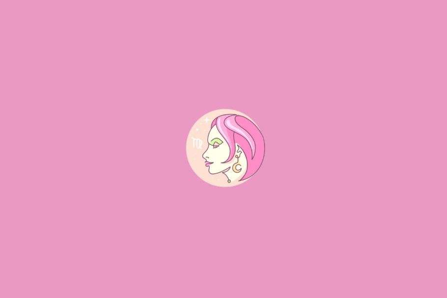 Ilustração minimalista do signo de Virgem, representado pelo símbolo estilizado em tom creme, com a terminação característica do signo. A figura aparece dentro de um círculo em degradê de verde e azul, com pequenos pontos decorativos e fundo amarelo-claro.