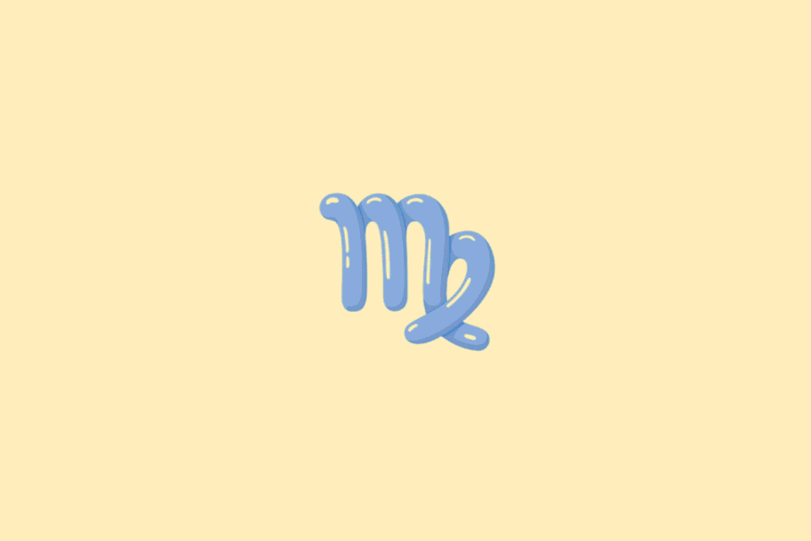 Ilustração do símbolo do signo de Virgem, composto por linhas curvas verticais e uma curva final que se prolonga para baixo, em tom azul-claro, sobre um fundo amarelo-claro.