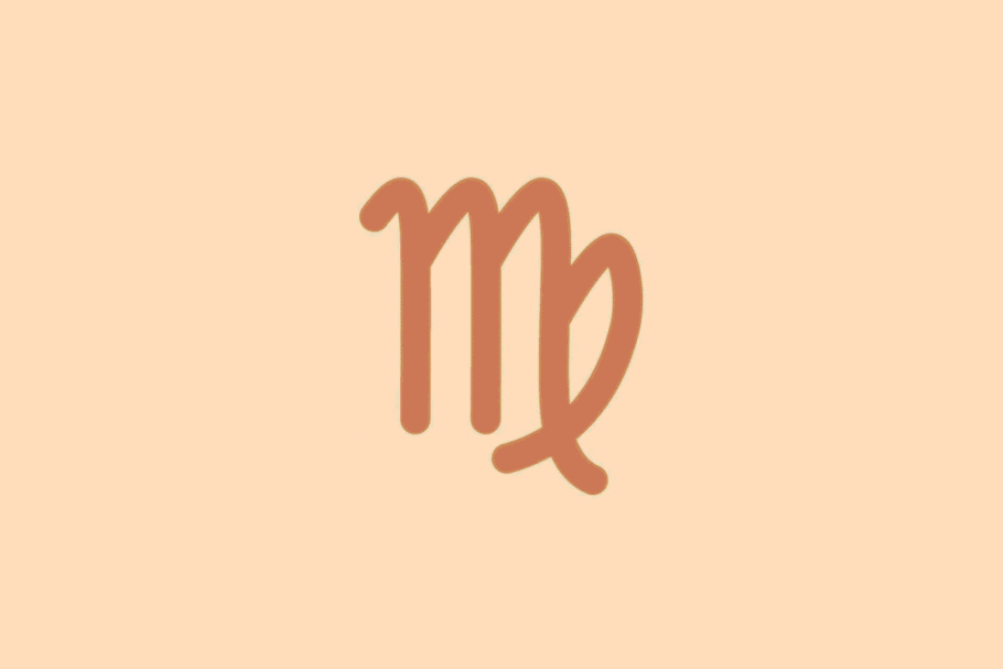 Símbolo minimalista do signo de Virgem em tom terracota sobre fundo laranja
