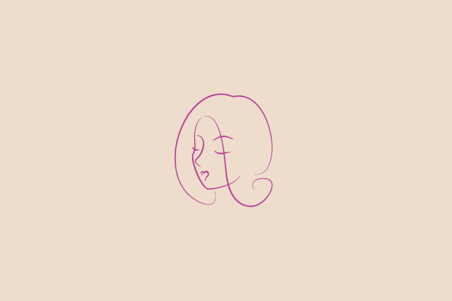 Ilustração minimalista de um perfil feminino com cabelos longos, em rosa, representando o signo de Virgem sobre fundo bege.