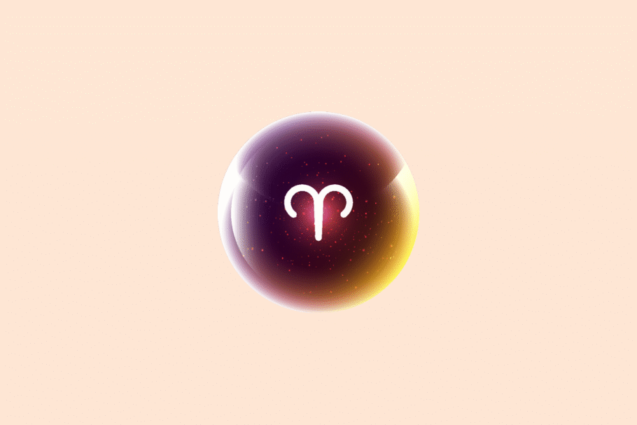 Ilustração do signo Áries, contendo uma esfera brilhante em tons de roxo, rosa e dourado com o símbolo branco de Áries, em forma de chifres de carneiro, em fundo pêssego.