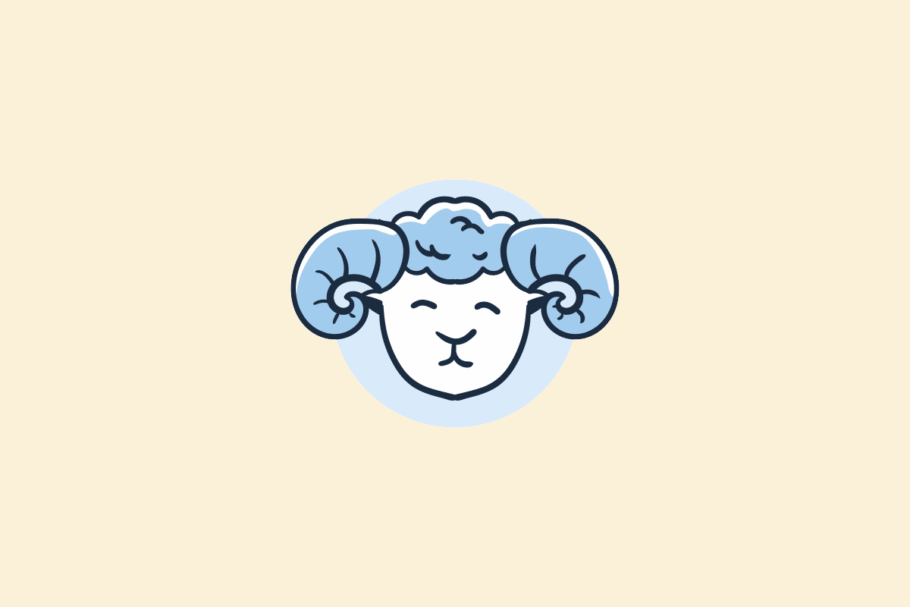 Ilustração do signo Áries: desenho em estilo de rabisco, com contorno azul-marinho, de um carneirinho sorridente de olhos fechados, com lã encaracolada e chifres azuis enrolados nas laterais, sobre um círculo azul-claro; em fundo amarelo-claro.
