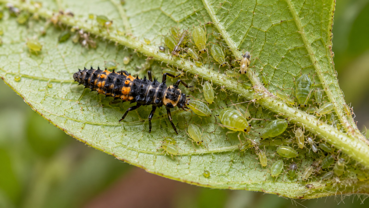 Larvas de joaninha também participam do controle natural de pulgões.