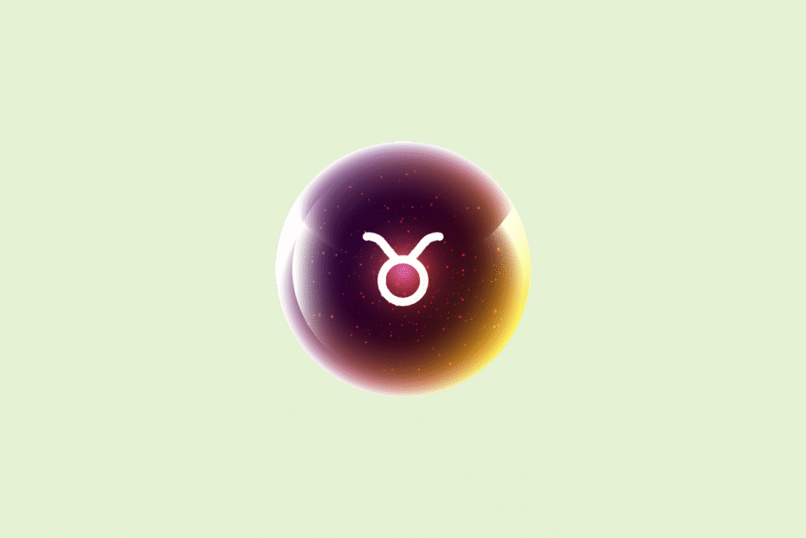 Ilustração do signo Touro, contendo uma esfera brilhante em tons de roxo, rosa e dourado com o símbolo branco de Touro, um círculo com chifres curvados no topo, em fundo verde-pistache.