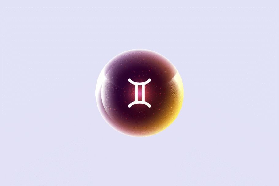 Ilustração do signo Gêmeos, contendo uma esfera brilhante em tons de roxo, rosa e dourado com o símbolo branco de Gêmeos, duas linhas verticais unidas por traços curvos em cima e embaixo, em fundo lavanda.