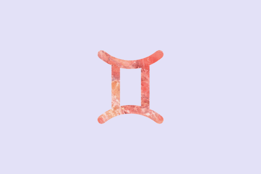 Ilustração do signo Gêmeos, contendo o símbolo do signo com textura de mármore em tons de coral e rosa, formado por duas linhas verticais unidas por traços curvos em cima e embaixo, em fundo lavanda.