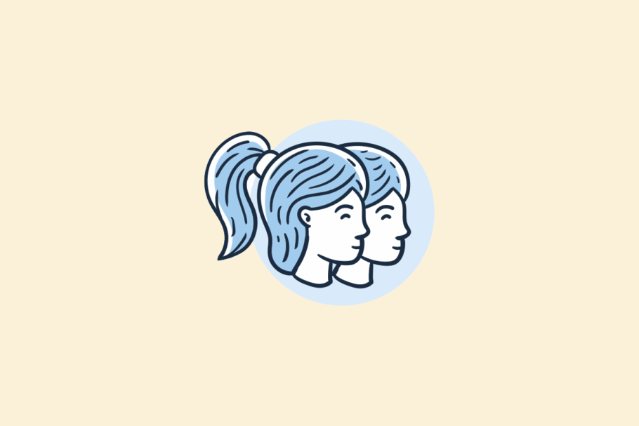 Ilustração do signo Gêmeos: desenho em estilo de rabisco, com contorno azul-marinho, de dois rostos de perfil sobrepostos e voltados para a direita, um de rabo de cavalo e outro de cabelo solto, sobre um círculo azul-claro; em fundo amarelo-claro.
