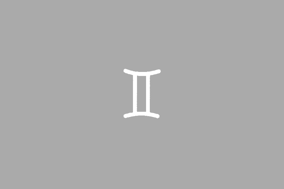 Símbolo do signo Gêmeos: traço branco de duas linhas verticais paralelas unidas por uma linha curva em cima e outra embaixo, como o numeral romano dois, dentro de uma mancha arredondada verde-água-acinzentado; em fundo pêssego-claro.