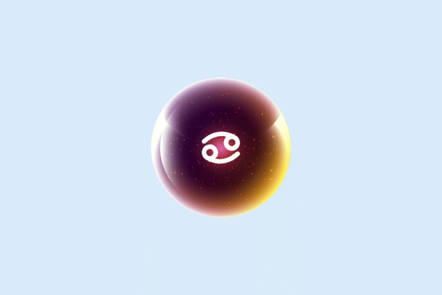 Ilustração do signo Câncer, contendo uma esfera brilhante em tons de roxo, rosa e dourado com o símbolo branco de Câncer, duas espirais deitadas e opostas, em fundo azul-claro.