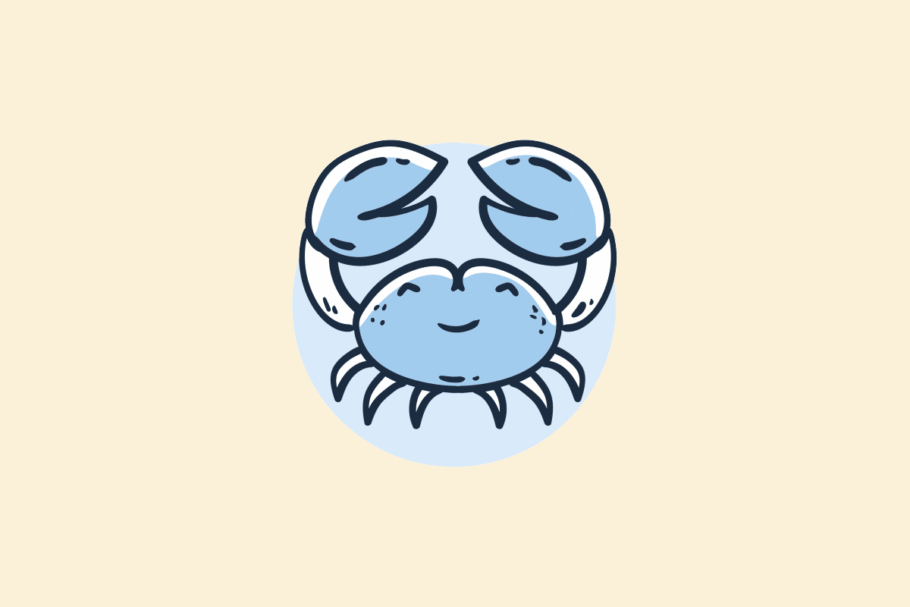 Ilustração do signo Câncer: desenho em estilo de rabisco, com contorno azul-marinho, de um caranguejo azul sorridente visto de frente, com as duas garras grandes erguidas e as patinhas embaixo, sobre um círculo azul-claro; em fundo amarelo-claro.