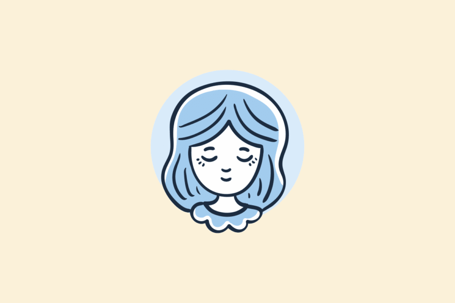 Ilustração do signo Virgem: desenho em estilo de rabisco, com contorno azul-marinho, de uma moça de olhos fechados e sorriso leve, com cabelos azuis na altura dos ombros e gola de babado, sobre um círculo azul-claro; em fundo amarelo-claro.