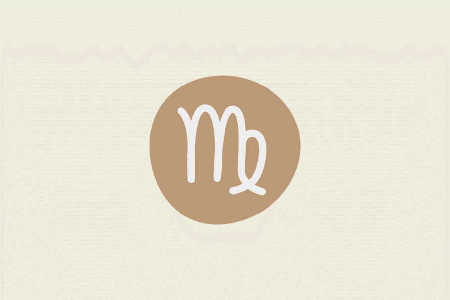 Símbolo do signo Virgem: traço branco de uma letra "m" com uma volta cruzada na última haste, dentro de uma mancha arredondada caramelo; em fundo pêssego-claro.