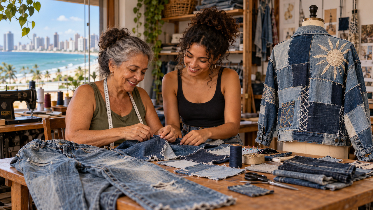 Mãe e filha transformam calças jeans descartadas em roupas autorais.