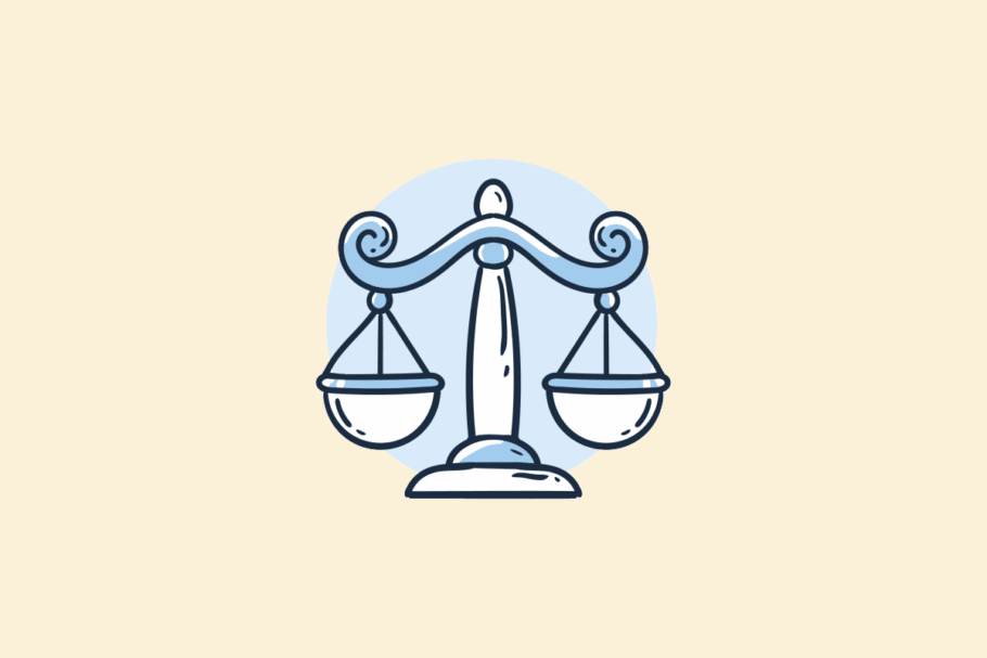 Ilustração do signo Libra: desenho em estilo de rabisco, com contorno azul-marinho, de uma balança antiga com haste ornamentada em espirais e dois pratos pendurados, sobre um círculo azul-claro; em fundo amarelo-claro.